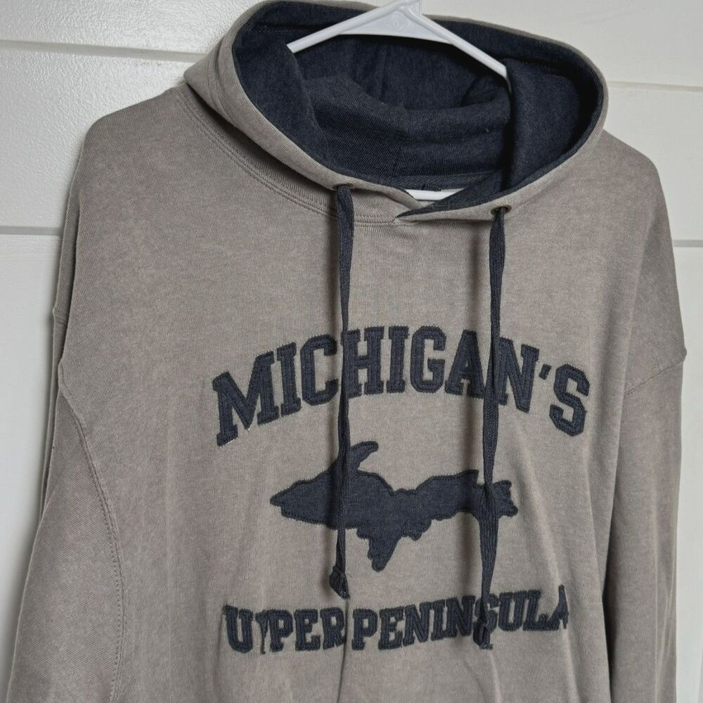 Michigan's Upper Peninsula U.P. Hoodie Mens Large Taupe Brown Gray UP Map North